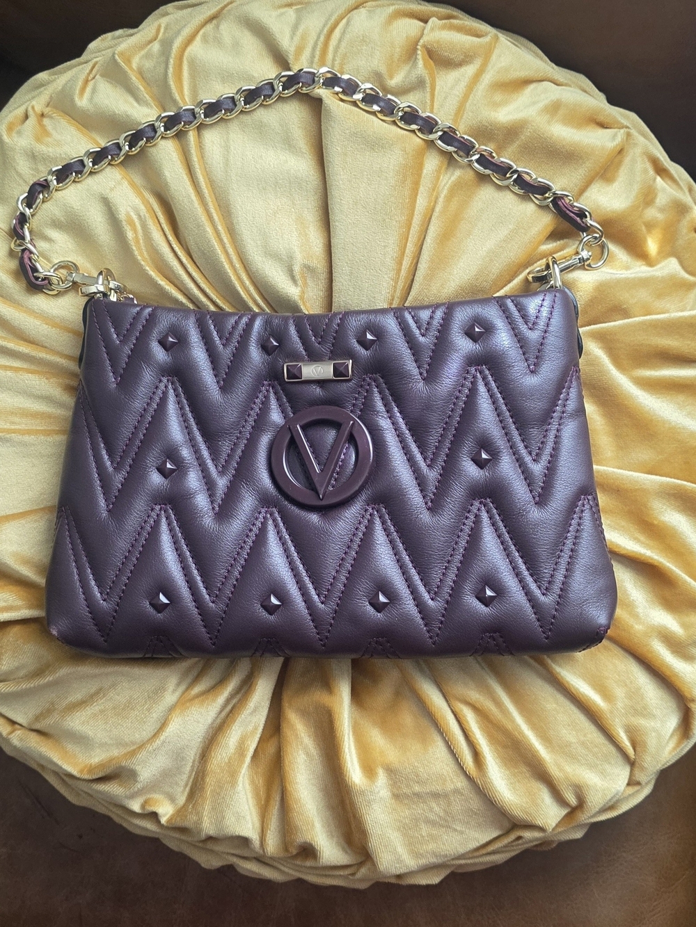 Mario Valentino Quilted Plum Leather Shoulder Bag with Gold Chain
